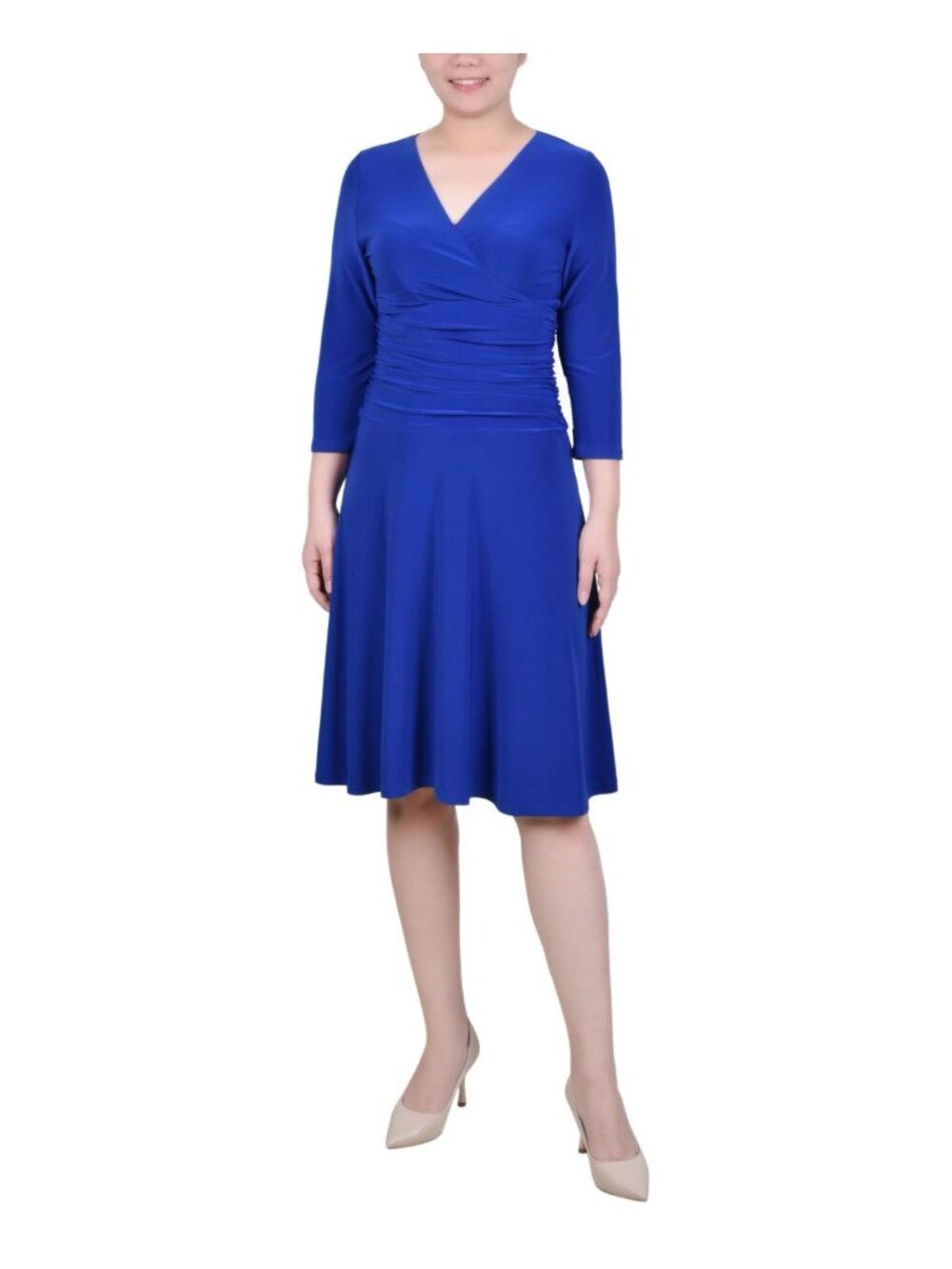 Ny Collection Womens 3/4 Sleeve Rouched-Waist Dress Royal Blue Size 10P NWT